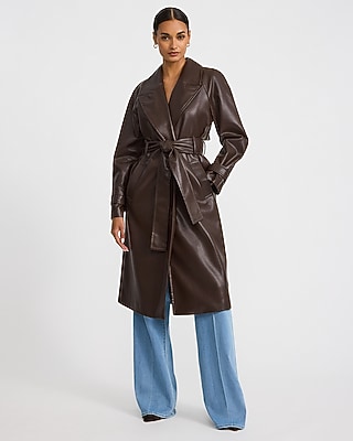 Faux Leather Belted Trench Coat
