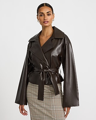 Faux Leather Belted Cropped Trench Coat