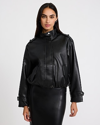 Faux Leather Funnel Neck Bomber Jacket