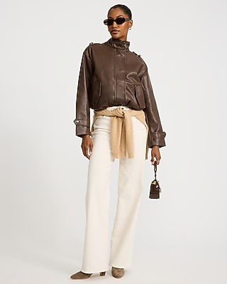 Faux Leather Funnel Neck Bomber Jacket