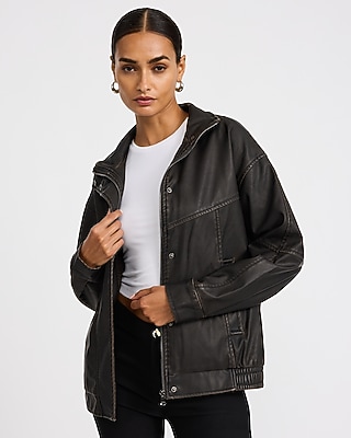 Distressed Faux Leather Funnel Neck Oversized Jacket