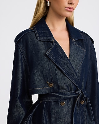 Denim Double Breasted Cropped Belted Trench Coat
