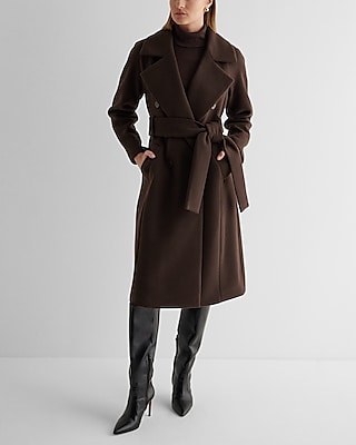 Faux Wool Double Breasted Signature Wrap Coat Brown Women's M