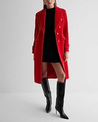 Faux Wool Novelty Button Fitted Coat Red Women's M