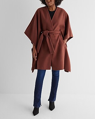 Faux Wool Belted Cape Coat