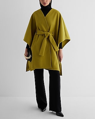 Faux Wool Belted Cape Coat Green Women's M/L