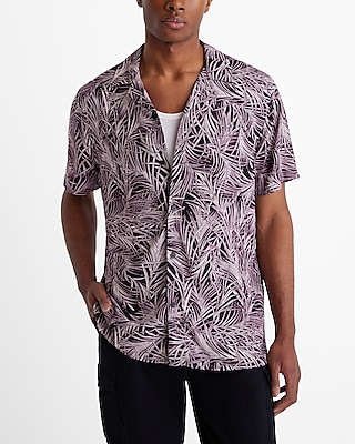 Palm Print Rayon Short Sleeve Shirt Purple Men's