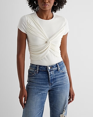 Bodycon Compression Crew Neck Twist Front Tee White Women's XS