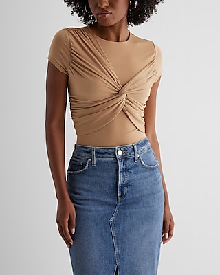 Bodycon Compression Crew Neck Twist Front Tee Brown Women's L