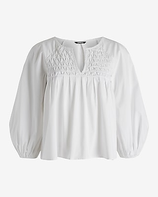 Poplin Textured Pleated V-Neck Balloon Sleeve Top White Women's M