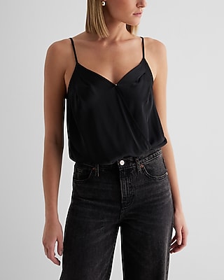 Satin Pleated Faux Wrap Cami Bodysuit Black Women's S