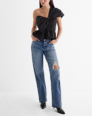 One Shoulder Bow Front Peplum Top Black Women's M