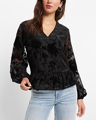 Sparkle Velvet Floral V-Neck Peplum Top