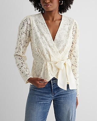 Lace V-Neck Long Sleeve Tie Waist Peplum Top White Women's S
