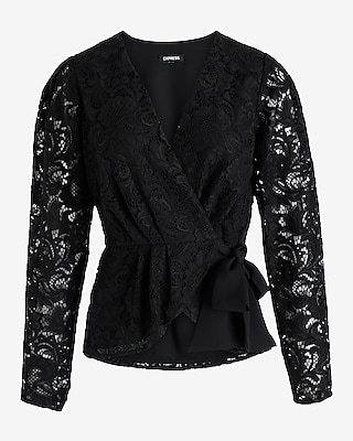 Lace V-Neck Long Sleeve Tie Waist Peplum Top