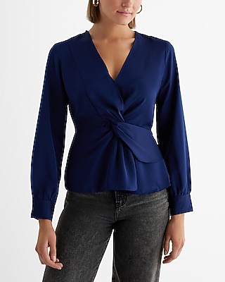 V-Neck Long Sleeve Twist Front Top Blue Women's XS