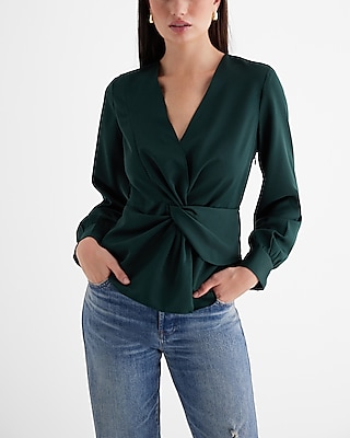 V-Neck Long Sleeve Twist Front Top Green Women's XS