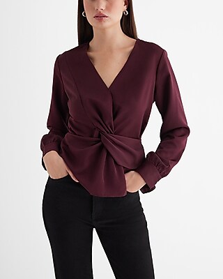 V-Neck Long Sleeve Twist Front Top Light Pink Women's XS