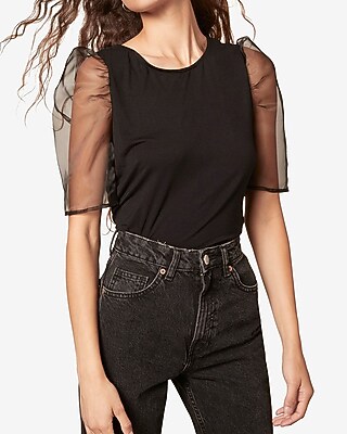 Image of Bb Dakota Sheer Puff Sleeve Knit Top Black Women's S