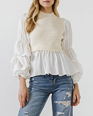 English Factory Knit Woven Combo Top White Women's XS