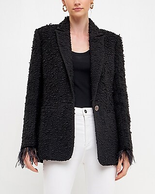 Endless Rose Feather-Trimmed Tweed Cropped Business Blazer Black Women's S