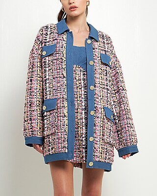 Endless Rose Tweed & Denim Combo Oversized Jacket Pink Women's L