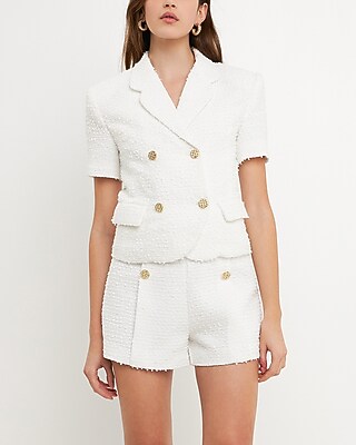 Endless Rose Tweed Round Collar Short Sleeve Cropped Business Blazer White Women's XS