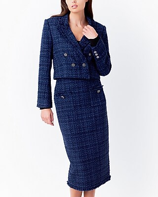 Endless Rose Boucle Tweed Double Breast Cropped Cropped Business Blazer Blue Women's S