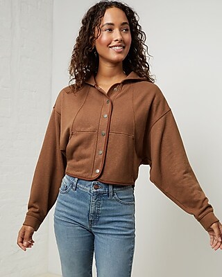 Upwest Ecohemp Snap Closure Cropped Fleece Hoodie Brown Women's M