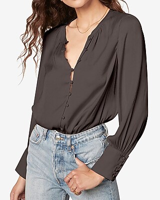 Image of Bb Dakota Button Front Satin Shirt Black Women's S