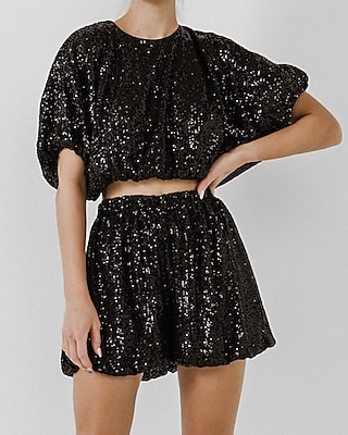 Endless Rose Sequin Crop Puff Sleeve Top Black Women's S