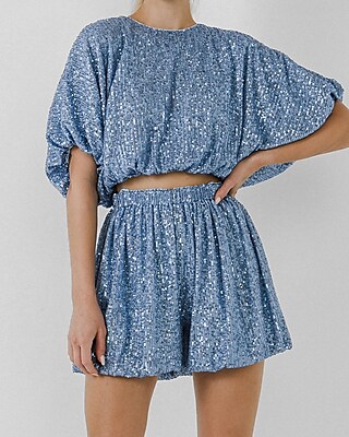 Endless Rose Sequin Crop Puff Sleeve Top Blue Women's M