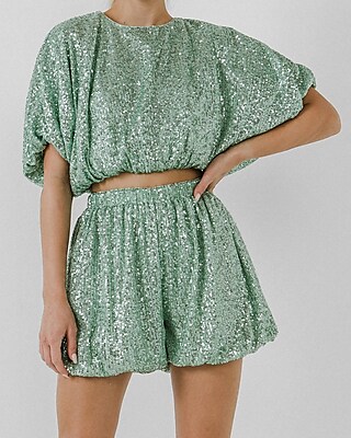 Endless Rose Sequin Crop Puff Sleeve Top Green Women's XS