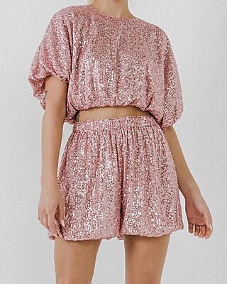 Endless Rose Sequin Crop Puff Sleeve Top Pink Women's L