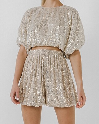 Endless Rose Sequin Crop Puff Sleeve Top White Women's M
