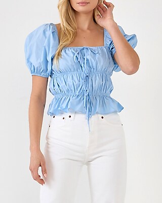 English Factory Tie Detail Shirred Top Blue Women's L