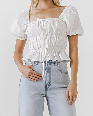 English Factory Tie Detail Shirred Top White Women's M