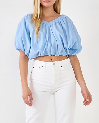 Endless Rose Crop V-Neck Puff Top Blue Women's L