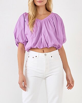 Endless Rose Crop V-Neck Puff Top Purple Women's S