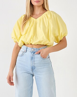 Endless Rose Crop V-Neck Puff Top Yellow Women's L