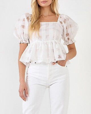 English Factory Checker Organza Top White Women's S