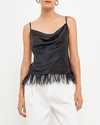 Endless Rose Satin Feather Cowl Neck Top Black Women's M