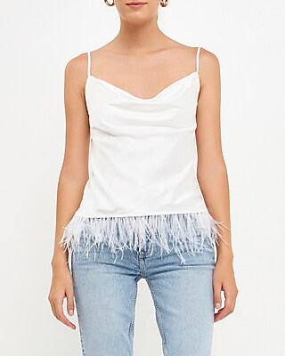 Endless Rose Satin Feather Cowl Neck Top White Women's L