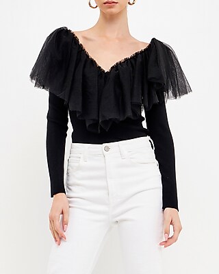 Endless Rose Mesh Pleated Ruffle Top Black Women's L