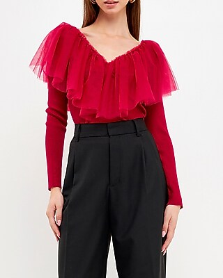 Endless Rose Mesh Pleated Ruffle Top Red Women's M