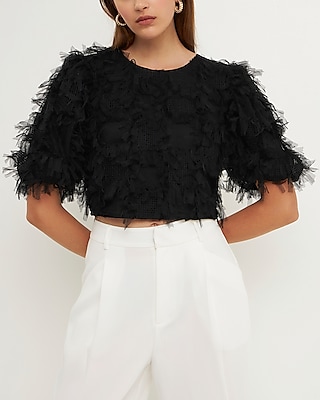Endless Rose Gridded Mesh Feathered Crop Top Black Women's S