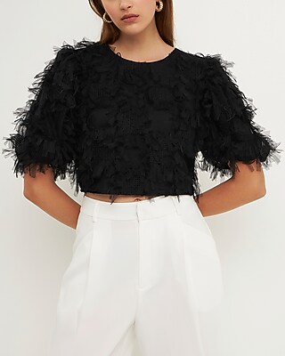 Endless Rose Gridded Mesh Feathered Crop Top Black Women's L