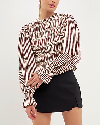 English Factory Striped Smocked Embroidered Top Brown Women's S