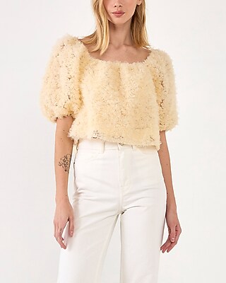 Endless Rose Floral Tulle Puff Sleeve Top White Women's S