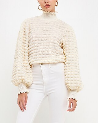 Endless Rose Textured Smock Neck Top White Women's S